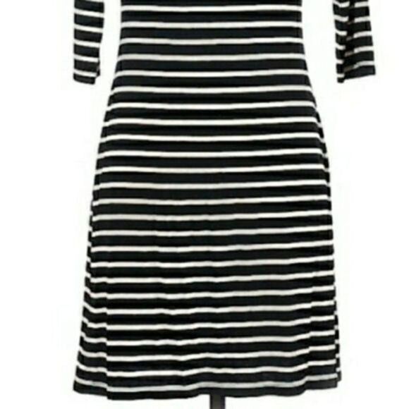 WHBM Dress Bodycon Off Shoulder Stretch 1/2 Sleeve Mini Knit Black Striped S - Picture 9 of 10